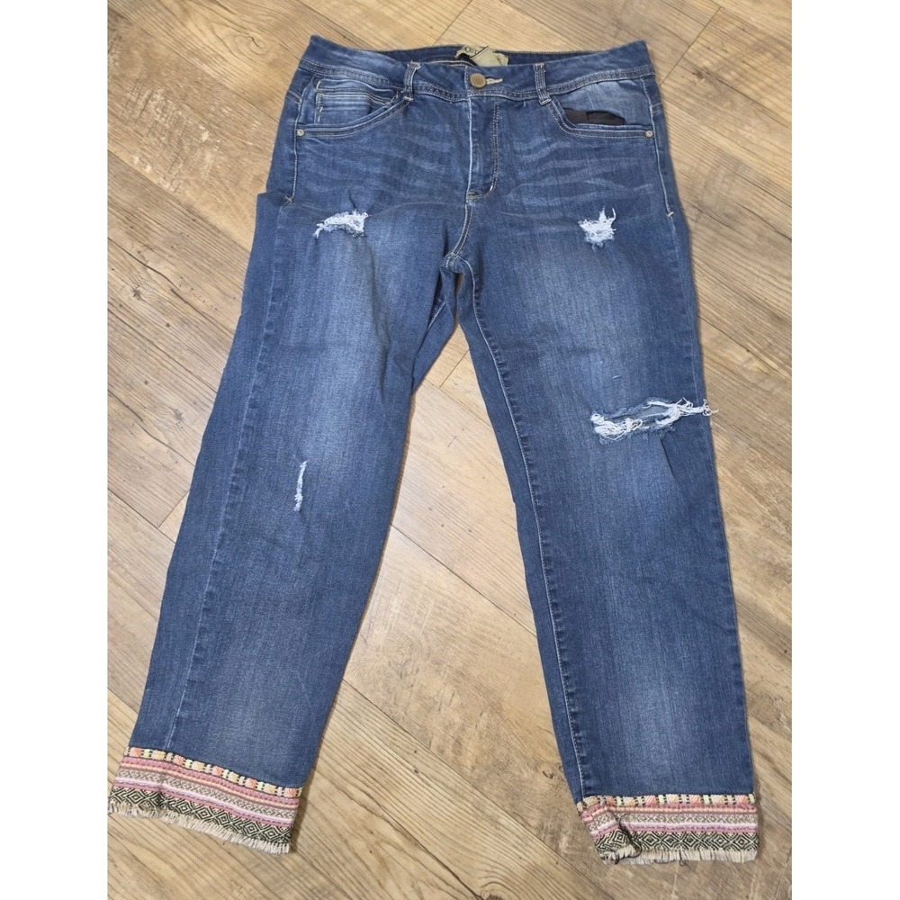 Democracy Jeans Womens 12 Slim Straight Flood Ankle Embroidered Boho Denim Pants